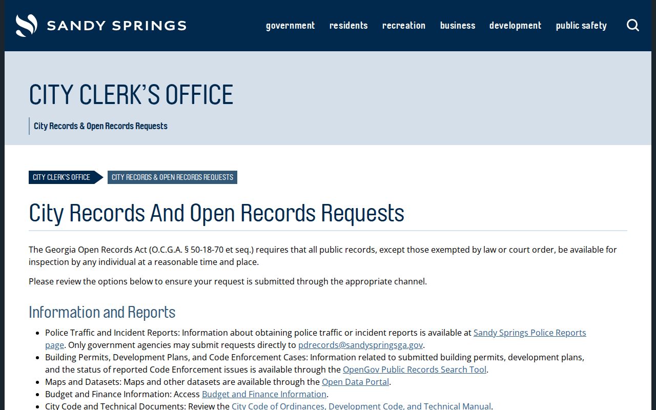 Sandy Springs city records and open records request guidance